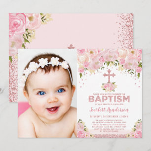 Chic Rose Gold Pink Glitter Floral Baptism Photo Invitation