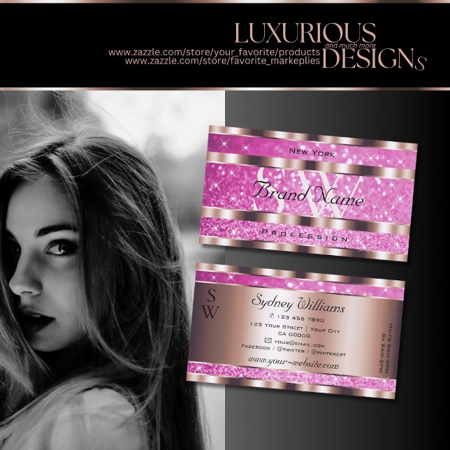 Chic Rose Gold Pink Glitter Sparkle Stars Monogram Business Card (Creator Uploaded)