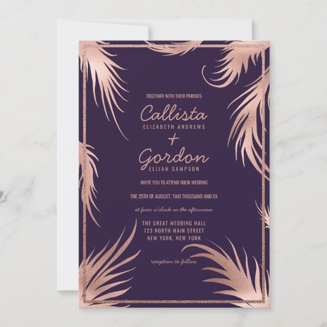 Chic Rose Gold Plum Leaf Glitter Border Wedding Invitation (Front)