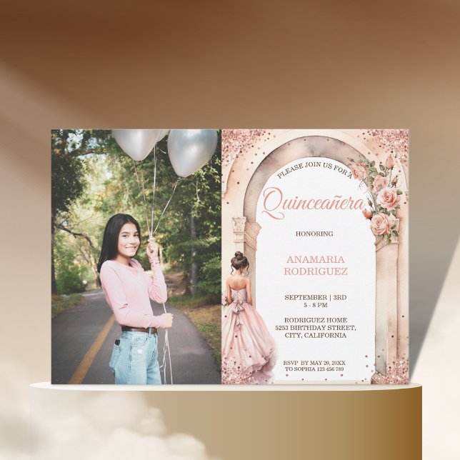 Chic Rose Gold Quinceañera Dress Floral Arch Photo Invitation (Creator Uploaded)
