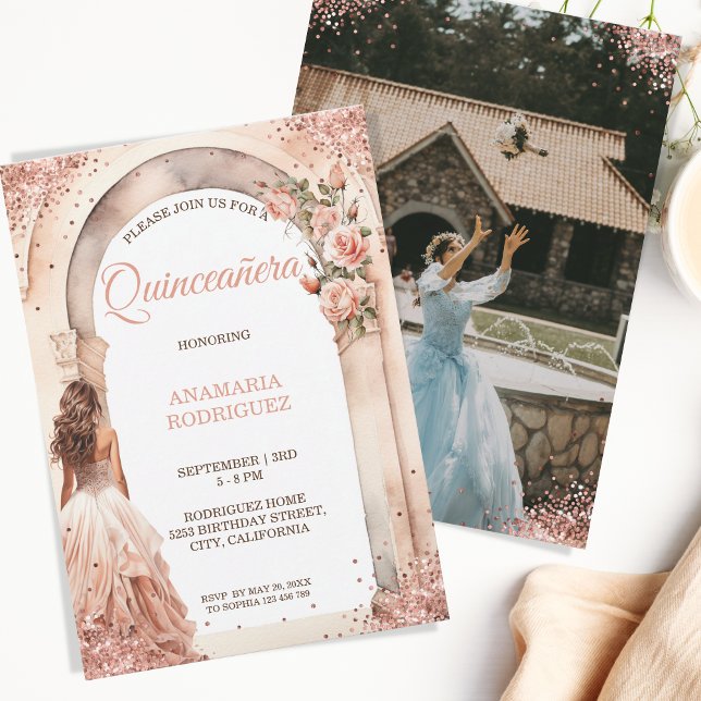 Chic Rose Gold Quinceañera Dress Floral Arch Photo Invitation (rose gold glitter travertino arch)