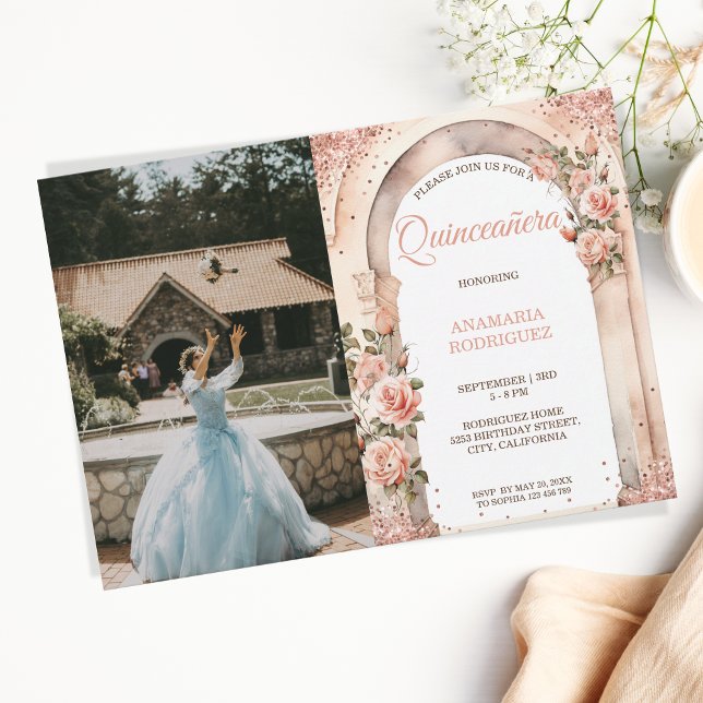 Chic Rose Gold Quinceañera Roses Floral Arch Photo Invitation (Creator Uploaded)