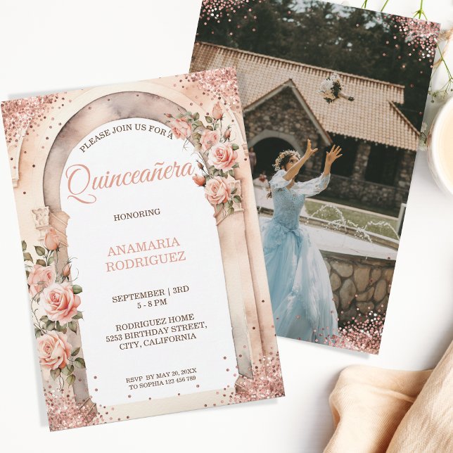 Chic Rose Gold Quinceañera Roses Floral Arch Photo Invitation (blush pink roses arch rose gold glitter)