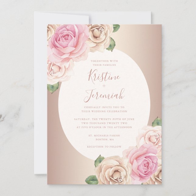 Chic Rose Gold Script Watercolor Floral Wedding Invitation (Front)