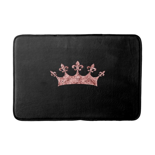 Chic Rose Gold Shimmer Princess Crown on Black Bath Mat (Front)