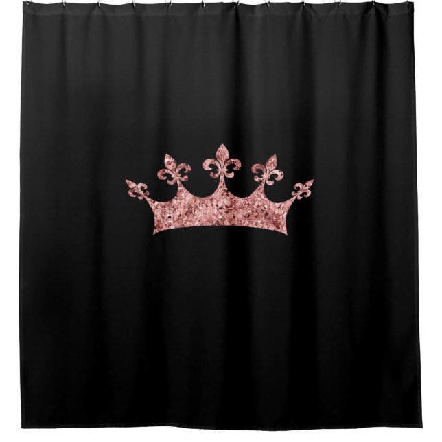 Chic Rose Gold Shimmer Princess Crown on Black Shower Curtain (Front)