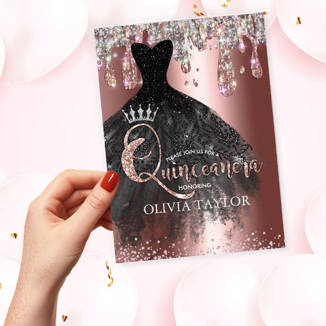 Chic rose gold silver glitter drips Quinceanera  Invitation (Creator Uploaded)