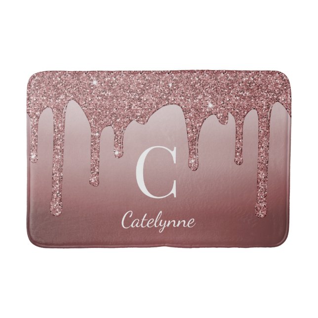 Chic Rose Gold Sparkle Dripping Glitter Monogram Bath Mat (Front)