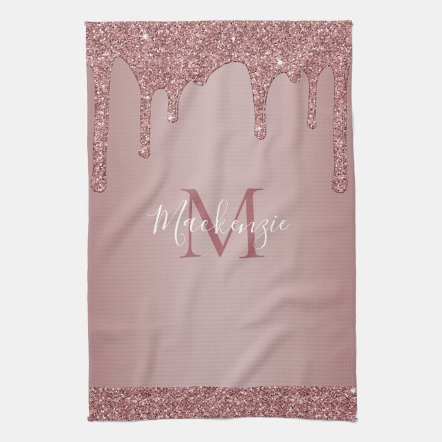 Chic Rose Gold Sparkle Dripping Glitter Monogram Tea Towel (Vertical)