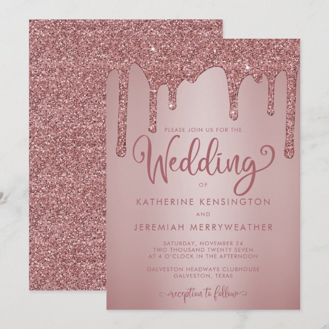 Chic Rose Gold Sparkle Dripping Glitter Wedding Invitation (Front/Back)