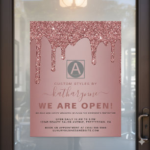 Chic Rose Gold Sparkle Glitter Drips Business Open Poster