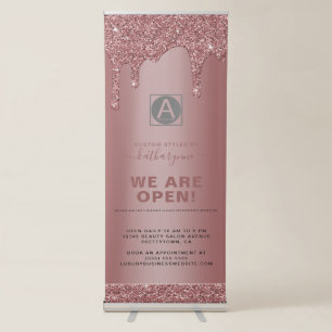 Chic Rose Gold Sparkle Glitter Drips Business Open Retractable Banner