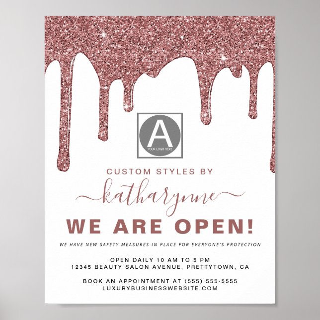 Chic Rose Gold Sparkle Glitter Drips Business Poster (Front)