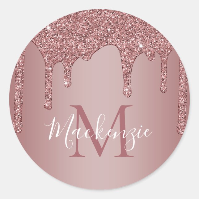 Chic Rose Gold Sparkle Glitter Drips Monogram Classic Round Sticker (Front)