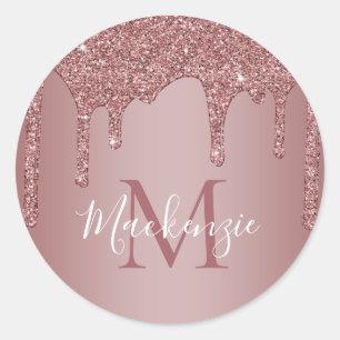 Chic Rose Gold Sparkle Glitter Drips Monogram Classic Round Sticker
