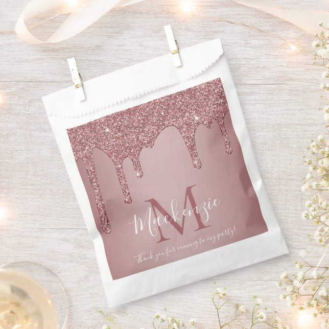 Chic Rose Gold Sparkle Glitter Drips Monogram Favour Bags (Clipped)
