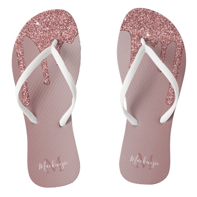 Chic Rose Gold Sparkle Glitter Drips Monogram Flip Flops (Footbed)