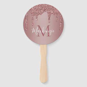Chic Rose Gold Sparkle Glitter Drips Monogram Hand Fan