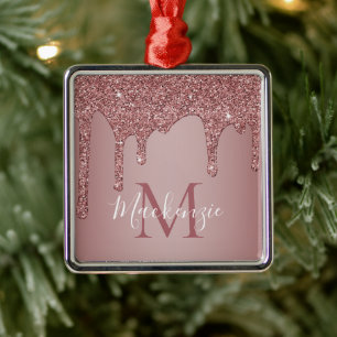 Chic Rose Gold Sparkle Glitter Drips Monogram Metal Tree Decoration