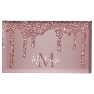 Chic Rose Gold Sparkle Glitter Drips Monogram Place Card Holder