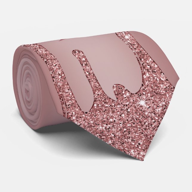 Chic Rose Gold Sparkle Glitter Drips Monogram Tie (Rolled)