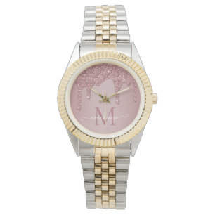 Chic Rose Gold Sparkle Glitter Drips Monogram Watch
