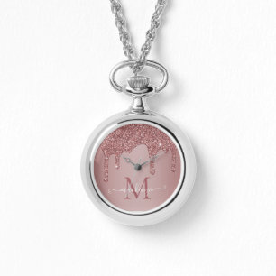 Chic Rose Gold Sparkle Glitter Drips Monogram Watch