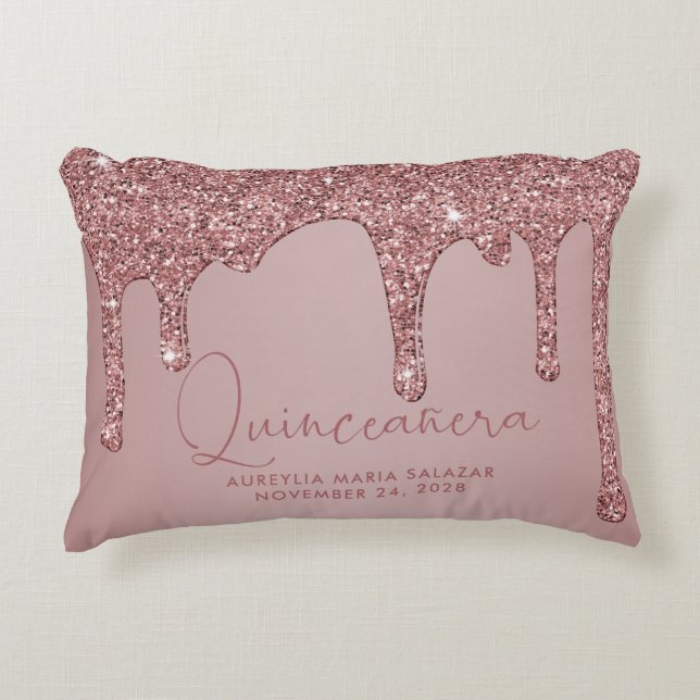 Chic Rose Gold Sparkle Glitter Drips Quinceanera Decorative Cushion (Front)