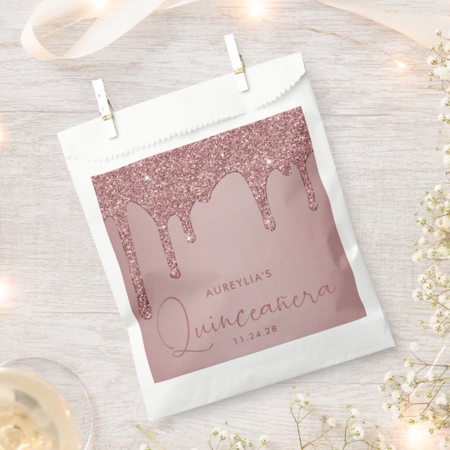 Chic Rose Gold Sparkle Glitter Drips Quinceanera Favour Bags (Clipped)