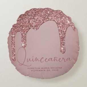 Chic Rose Gold Sparkle Glitter Drips Quinceanera Round Cushion