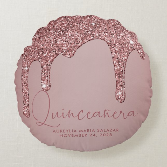 Chic Rose Gold Sparkle Glitter Drips Quinceanera Round Cushion (Front)