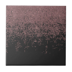 Chic Rose Gold Speckled Glitter Ombre Black Tile