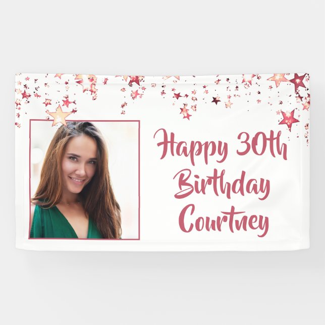 Chic Rose Gold Stars 30th Birthday Photo Banner (Horizontal)