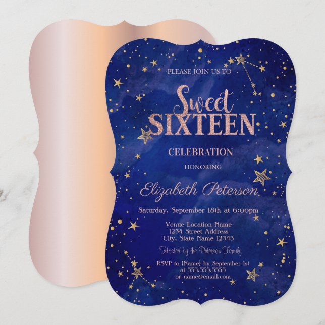 Chic Rose Gold Stars Navy Blue  Sweet 16 Invitation (Front/Back)
