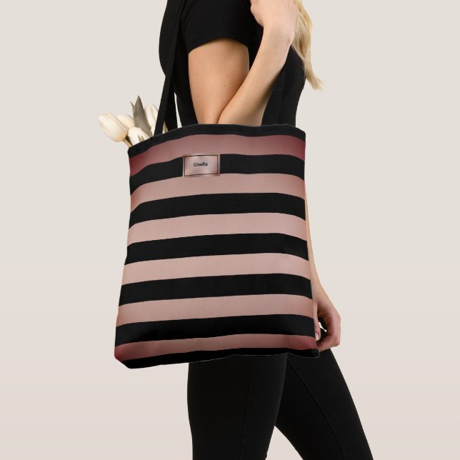 Chic Rose Gold Stripes Tote Bag (Close Up)