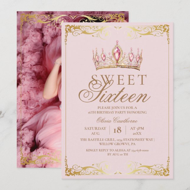 Chic Rose Gold Sweet 16 Crown Birthday Photo Invitation (Front/Back)