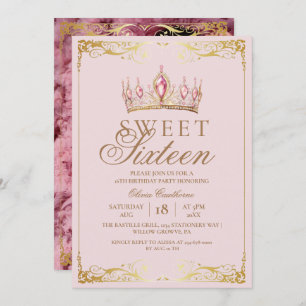 Chic Rose Gold Sweet 16 Crown Birthday Photo Invitation