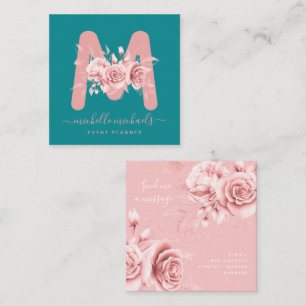 Chic Rose Gold Teal Floral Watercolor Monogram Square Business Card