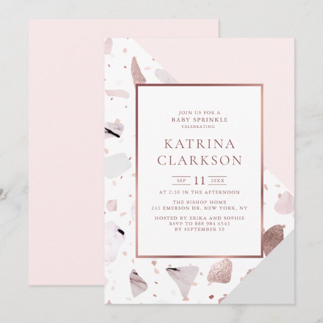 Chic Rose Gold Terrazzo Pattern Girl Baby Sprinkle Invitation (Front/Back)