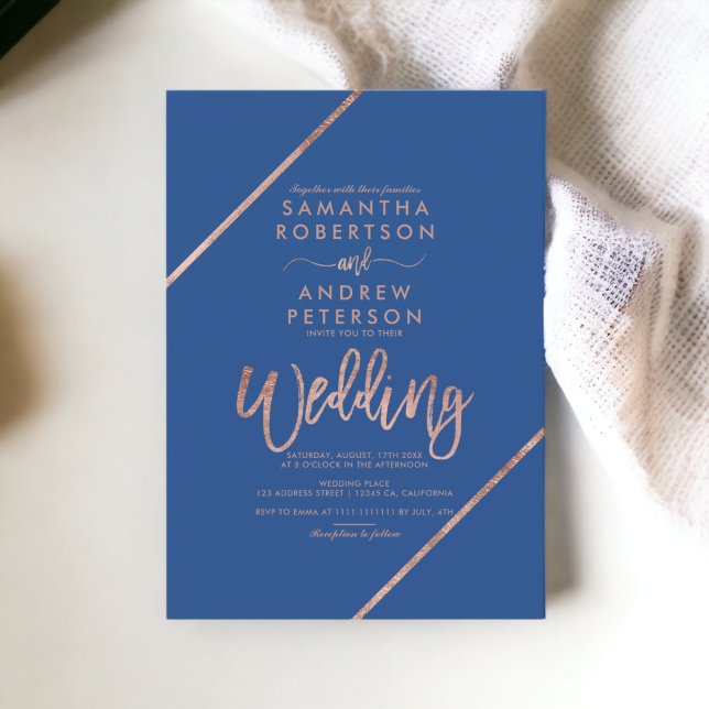 Chic rose Gold typography blue wedding Invitation (Chic rose Gold typography blue wedding Invitation)