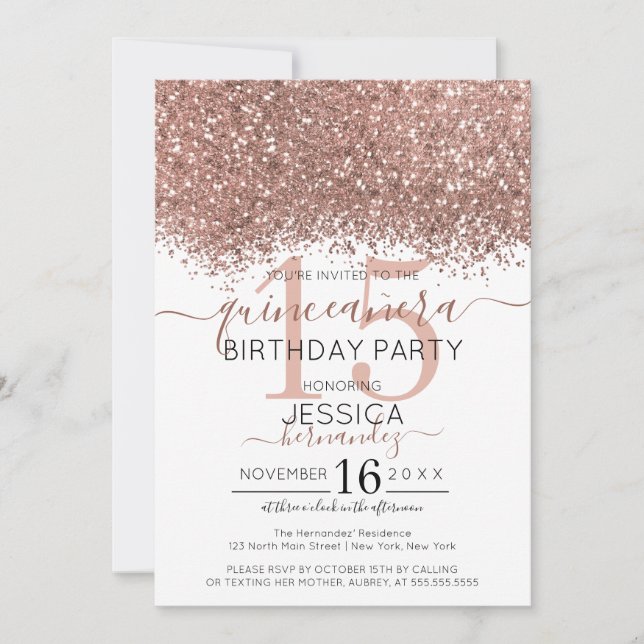 Chic Rose Gold White Glitter Confetti Quinceañera Invitation (Front)