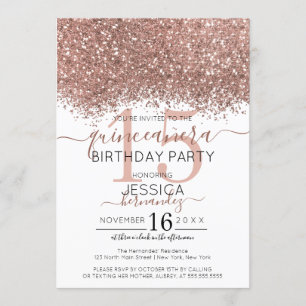 Chic Rose Gold White Glitter Confetti Quinceañera Invitation