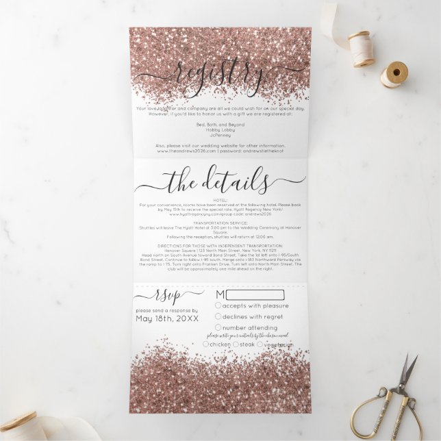 Chic Rose Gold White Glitter Registry Detail RSVP Tri-Fold Invitation (Inside)