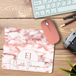 Chic Rose Gold White Marble Script Name Monogram Mouse Mat