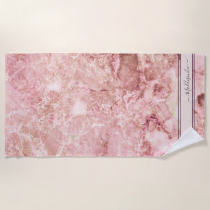 Chic Rose Pink Crystal Monogram Name Marble Agate  Beach Towel