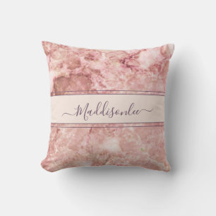 Chic Rose Pink Crystal Monogram Name Marble Agate  Cushion