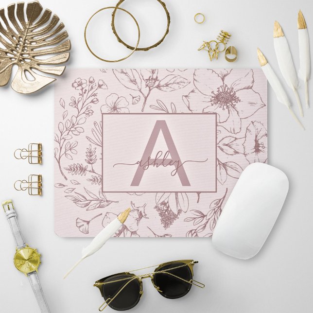 Chic Rose Pink Floral Script Name Monogram Mouse Mat (Creator Uploaded)