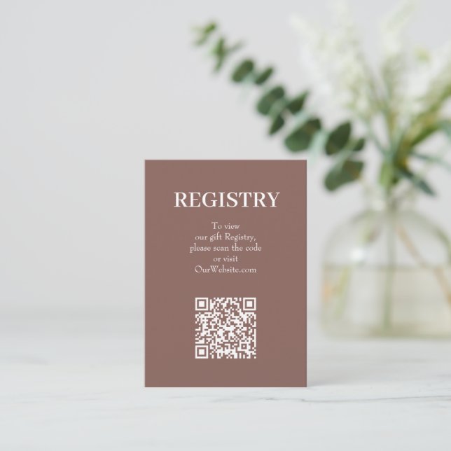 Chic Rose Taupe Wedding Registry QR Code Enclosure Card (Standing Front)