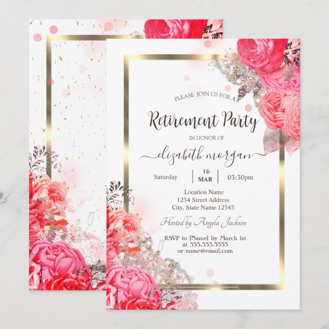 Chic Roses Flowers Gold Frame Retirement   Invitation (Front/Back)