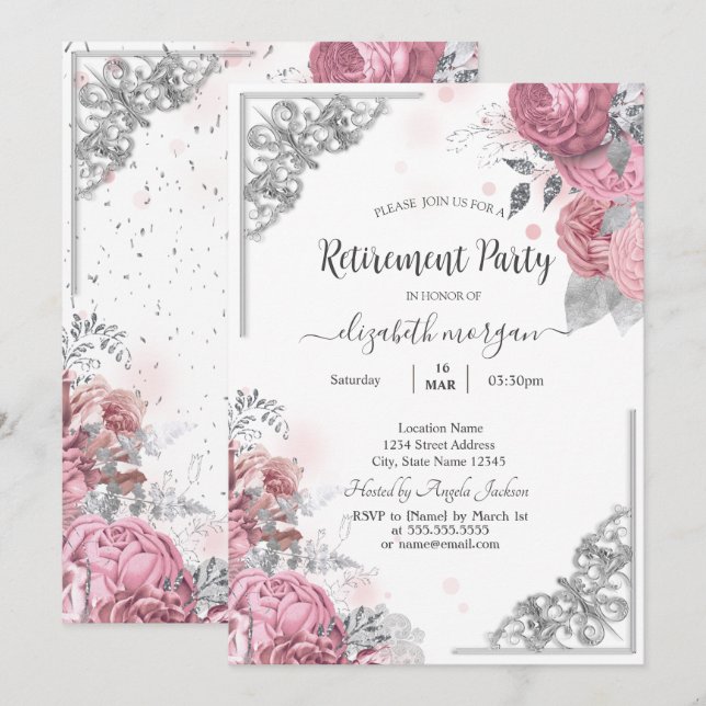 Chic Roses Flowers Silver Frame Retirement    Invitation (Front/Back)